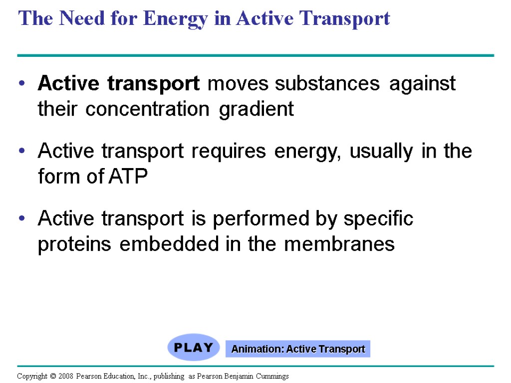 The Need for Energy in Active Transport Active transport moves substances against their concentration